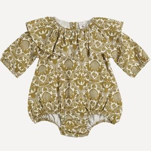 Kate Quinn long sleeve ruffle bubble, fennel folk floral, organic cotton gauze